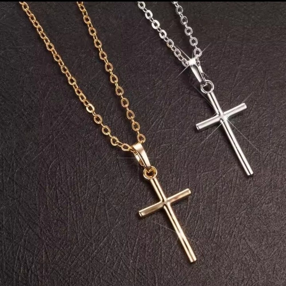 2 Men's Cross Necklaces Gold Silver New F73‎